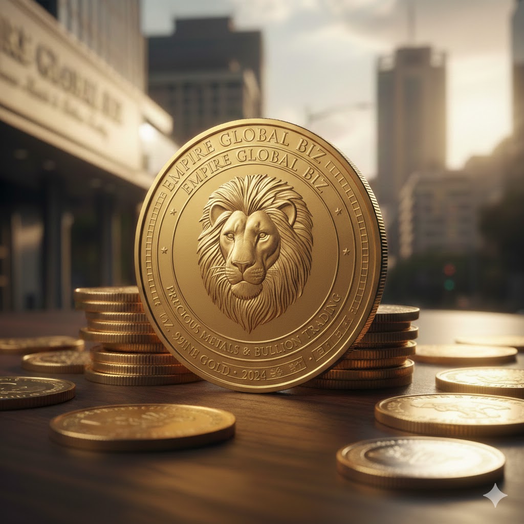Detailed engraving of the Empire Global Biz lion logo on a gold bullion coin - Symbol of financial sovereignty and the Empire Dealer Program.