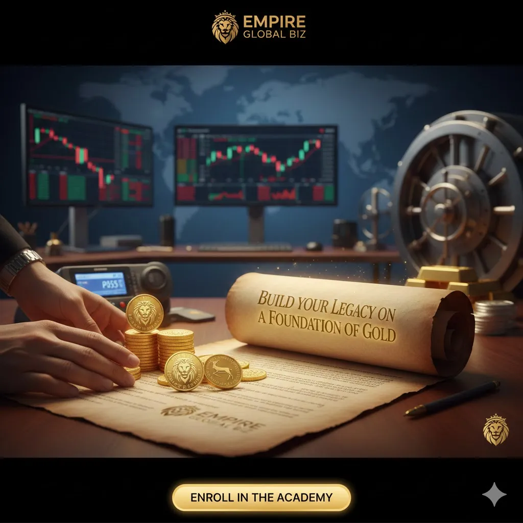 Empire Global Biz official logo gold coin reverse - Featuring the regal lion head crest with integrated 'E' shield emblem - 24k gold bullion branding